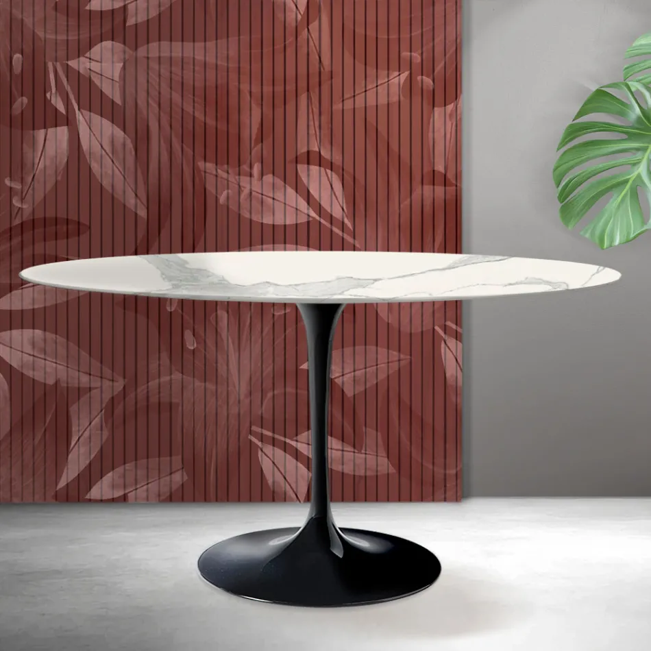 Oválný tulipánový stůl Saarinen V 74 cm v matné keramické barvě Florim Statuario - šarlatová Viadurini