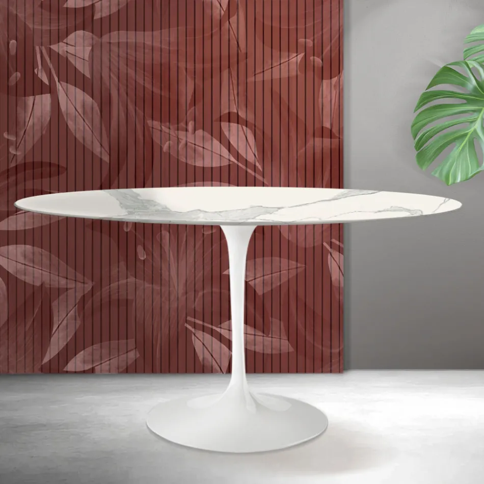 Oválný tulipánový stůl Saarinen V 74 cm v matné keramické barvě Florim Statuario - šarlatová Viadurini