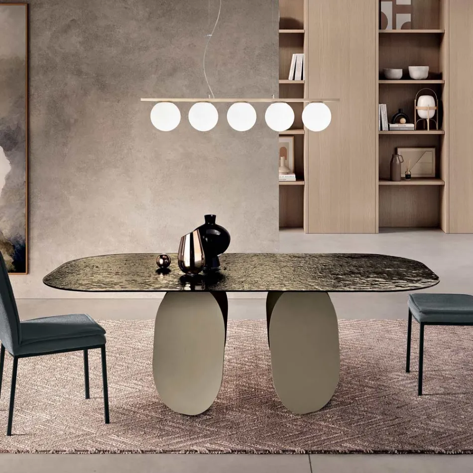 Obdélníkový stůl z tepaného skla se stříbrným podkladem, vyrobený v Itálii - Almo Viadurini