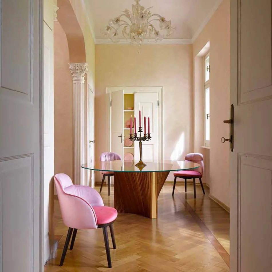 Kulatý designový stůl ze skla a jasanového oleje vyrobený v Itálii - Madame Viadurini