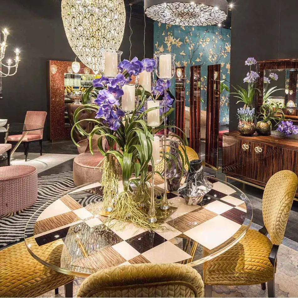 modeno Kulatý stůl se skleněnou deskou a Ozzy dřevěných intarzií Viadurini