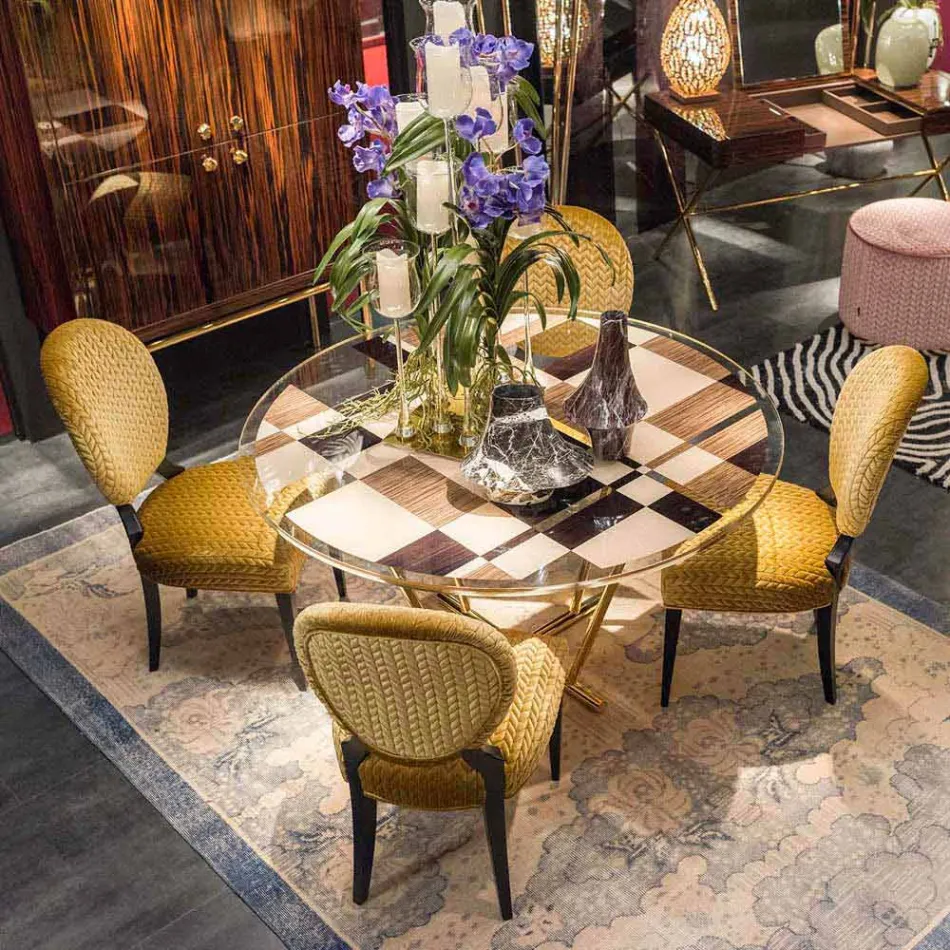 modeno Kulatý stůl se skleněnou deskou a Ozzy dřevěných intarzií Viadurini