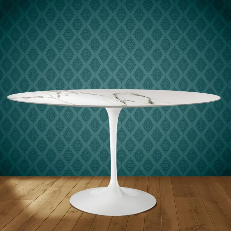 Eero Saarinen Tulip stůl H 74 Oválný v keramické Aura 22 Vyrobeno v Itálii - Scarlet Viadurini