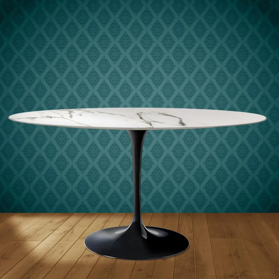 Eero Saarinen Tulip stůl H 74 Oválný v keramické Aura 22 Vyrobeno v Itálii - Scarlet Viadurini