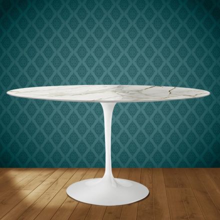 Eero Saarinen Tulip stůl H 74 oválný z lesklé keramiky vyrobený v Itálii - Scarlet Viadurini
