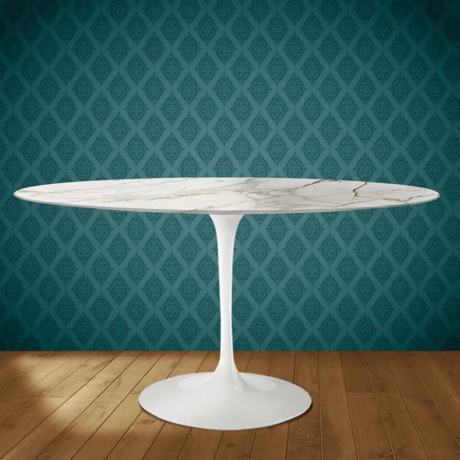 Eero Saarinen Tulip stůl H 74 oválný z lesklé keramiky vyrobený v Itálii - Scarlet Viadurini