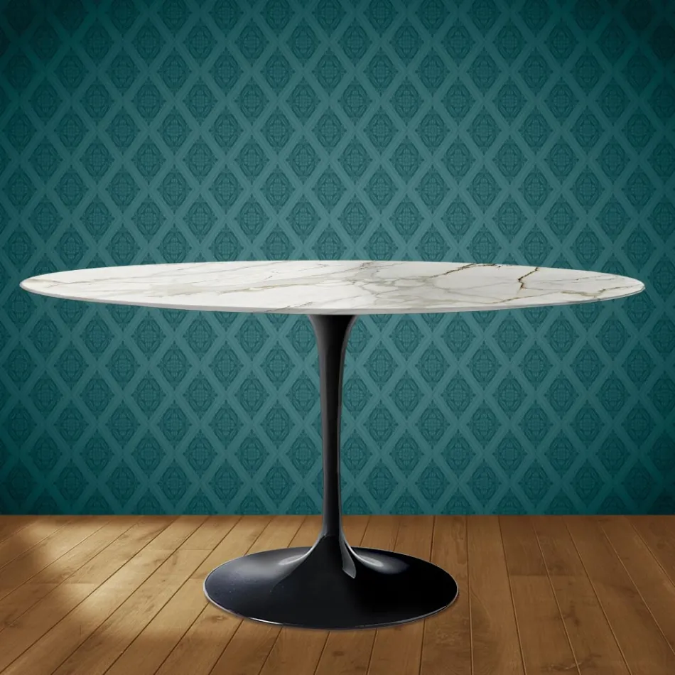 Eero Saarinen Tulip stůl H 74 oválný z lesklé keramiky vyrobený v Itálii - Scarlet Viadurini