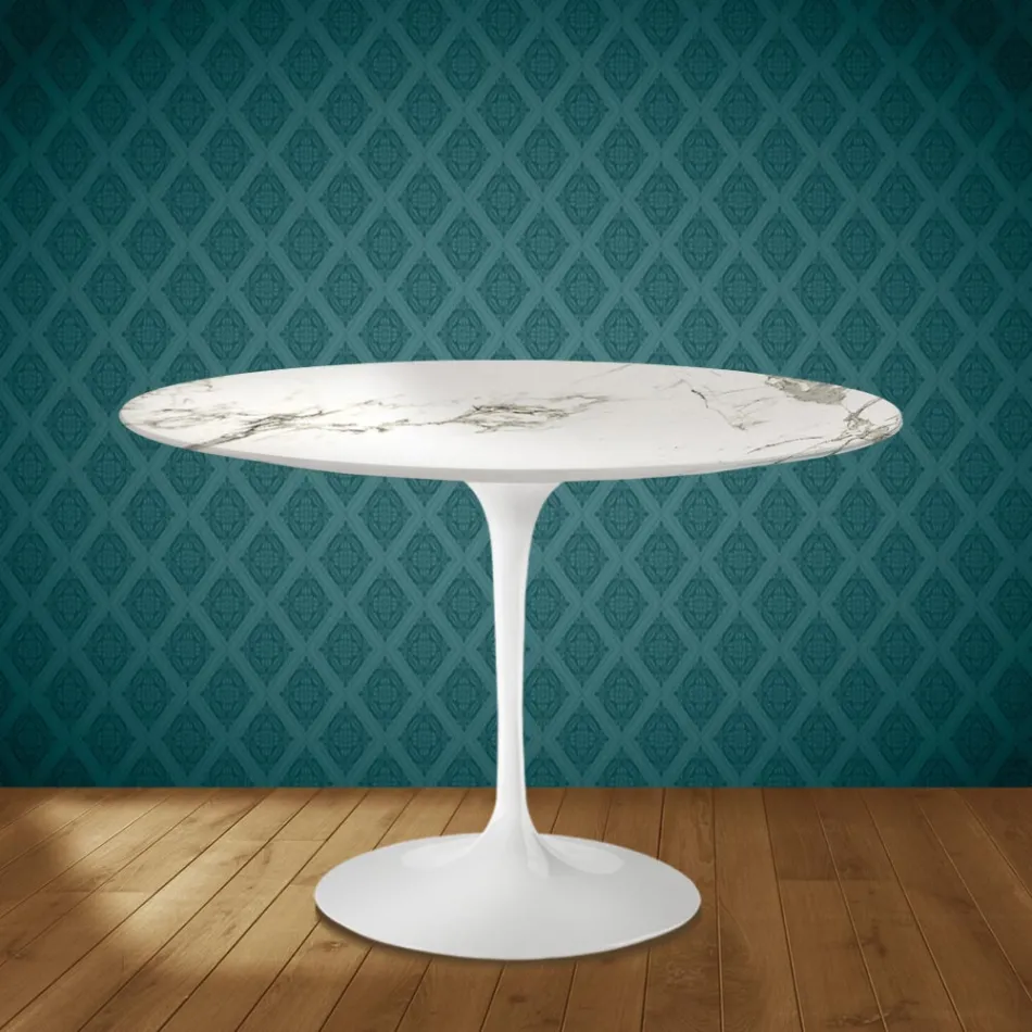 Eero Saarinen Tulip stůl H 74 kulatý v keramické Aura 22 vyrobeno v Itálii - Scarlet Viadurini