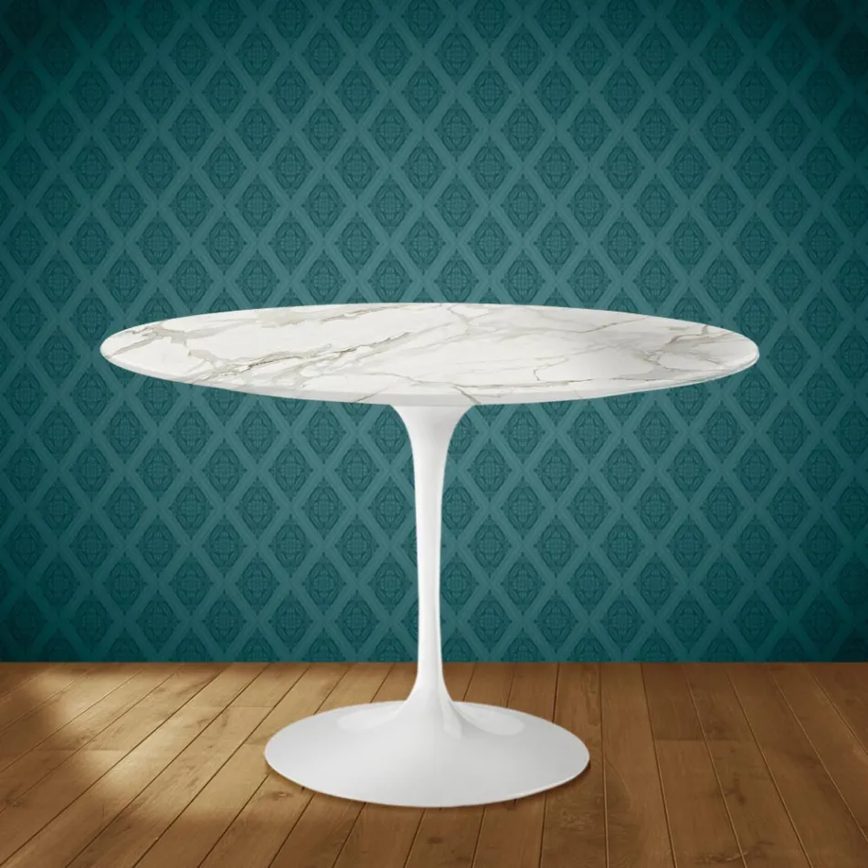 Eero Saarinen Tulip stůl H 74 kulatý z lesklé keramiky vyrobený v Itálii - Scarlet Viadurini