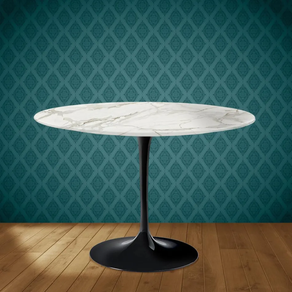 Eero Saarinen Tulip stůl H 74 kulatý z lesklé keramiky vyrobený v Itálii - Scarlet Viadurini