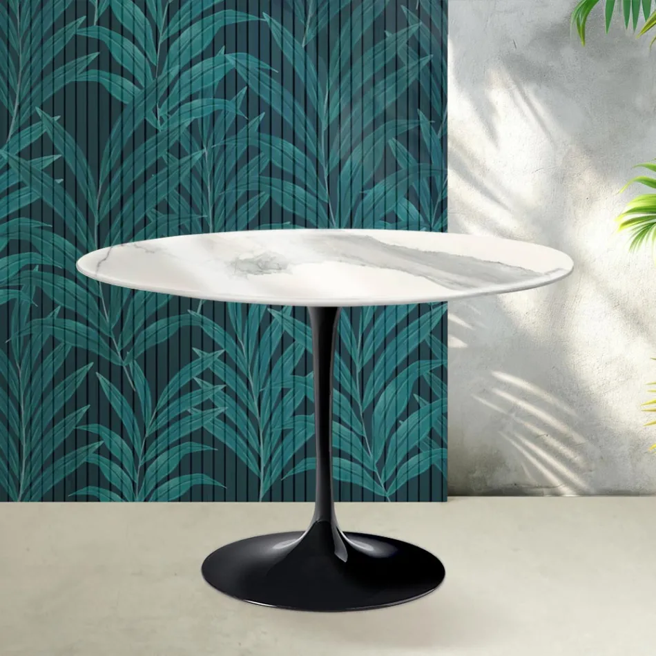 Stůl Tulip Saarinen H 74 cm z keramiky Florim Statuario Lucido - Scarlet Viadurini
