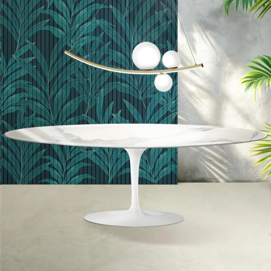 Stůl Tulip Saarinen H 74 cm z keramiky Florim Statuario Lucido - Scarlet Viadurini