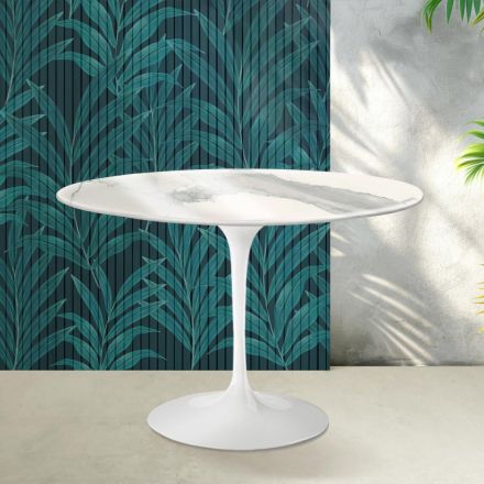 Stůl Tulip Saarinen H 74 cm z keramiky Florim Statuario Lucido - Scarlet Viadurini
