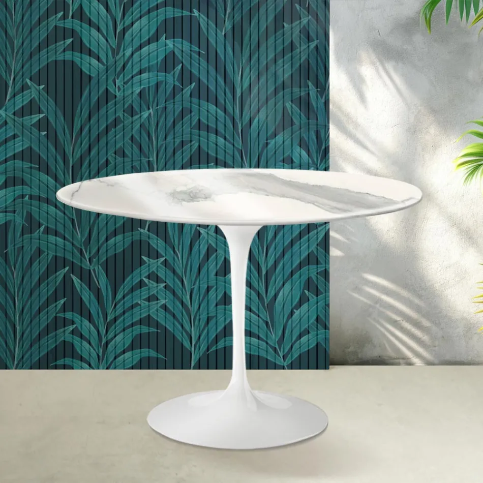 Stůl Tulip Saarinen H 74 cm z keramiky Florim Statuario Lucido - Scarlet Viadurini