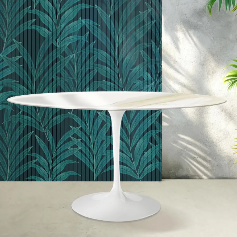 Kulatý tulipánový stůl Saarinen V 74 cm, keramika Florim Calacatta Gold Gloss - Scarlet Viadurini