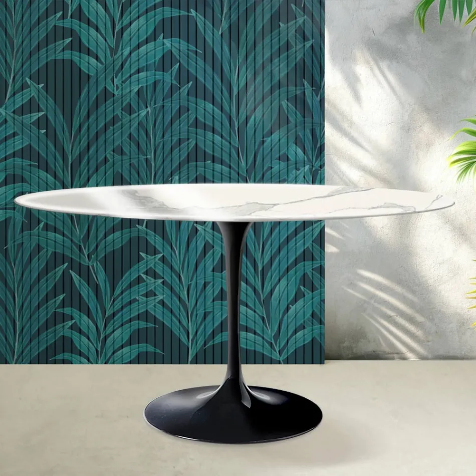 Tulipánový stolek Saarinen V 74 cm kulatý, lesklý, keramický Statuario Florim - šarlatový Viadurini