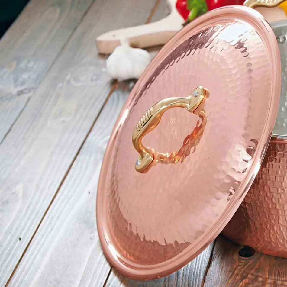 Kulatá ručně pocínovaná měděná pánev, 2 rukojeti a víko 40 cm - Giangiorgio Viadurini