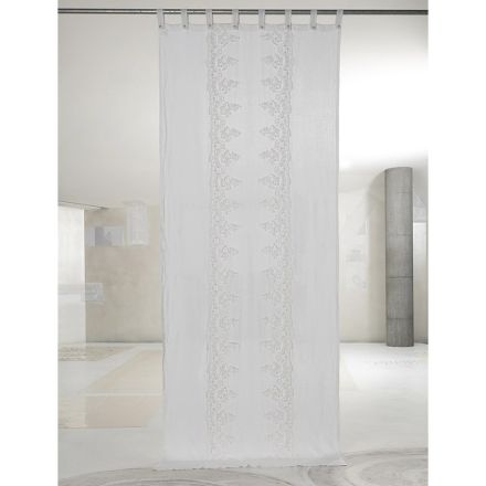 Bílá a světlá lněná záclona s elegantním centrálním krajkovým designem - Geogeo Viadurini