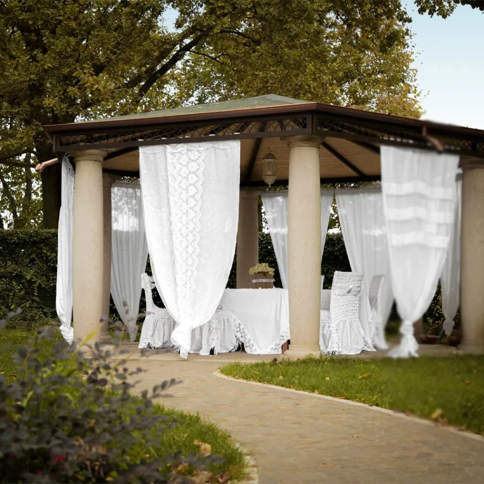 Retro světlý plátěný závěs s organzou a italskou luxusní výšivkou - Marinella Viadurini