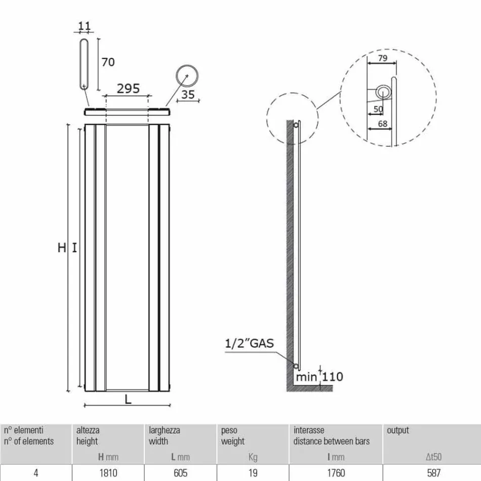 Designový vertikální koupelnový radiátor z oceli se zrcadlem 587 W - Picchio Viadurini
