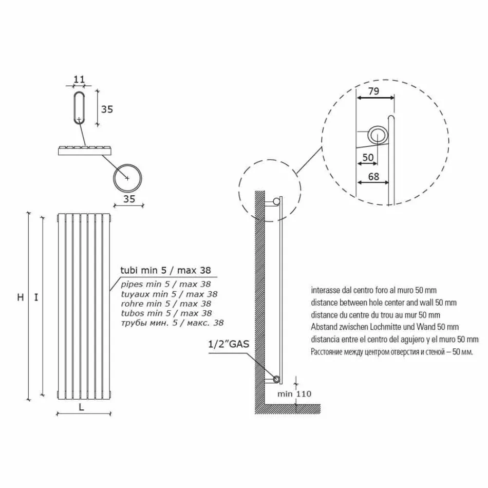 Vertikální hydraulický nástěnný radiátor s moderním designem do 1224 W - Regolo Viadurini