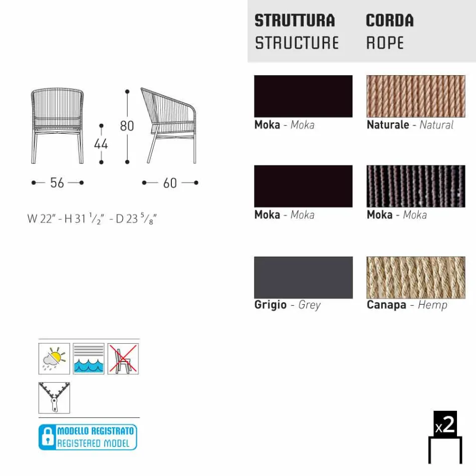 Varaschin Cricket židle s ručně tkaný vnější, 2 ks Viadurini