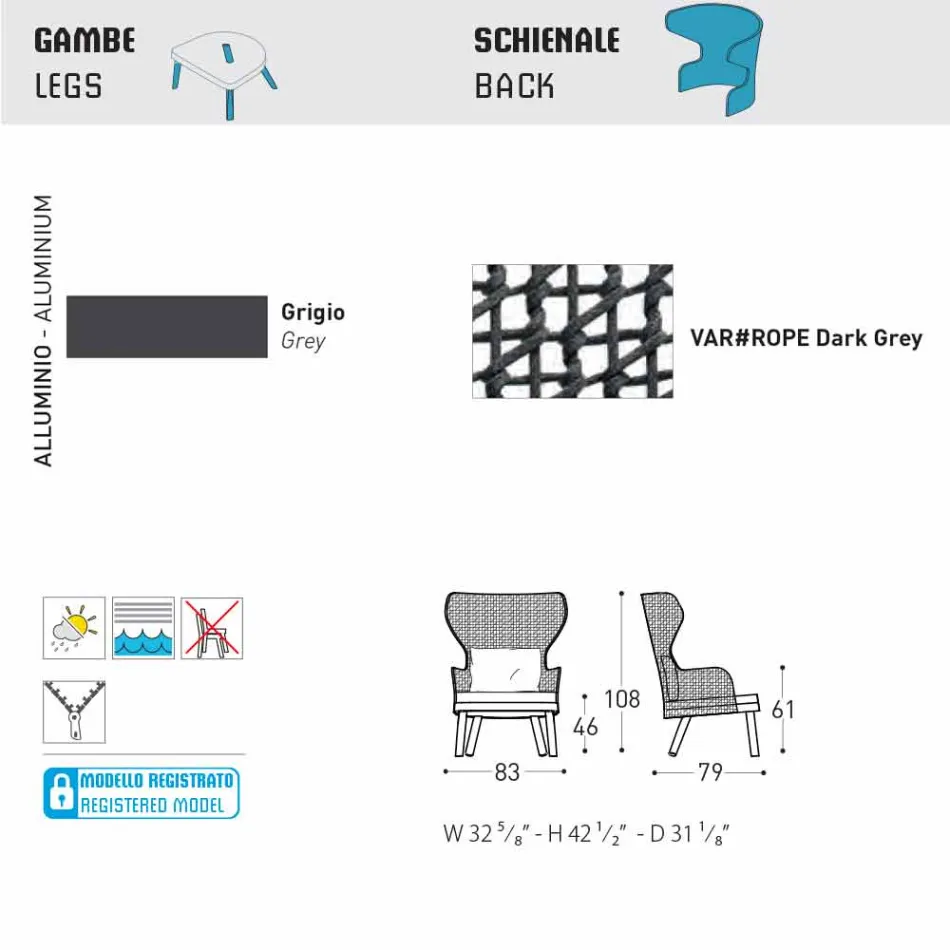 Moderní venkovní křeslo Varaschin Emma s látkovou opěrkou hlavy Viadurini
