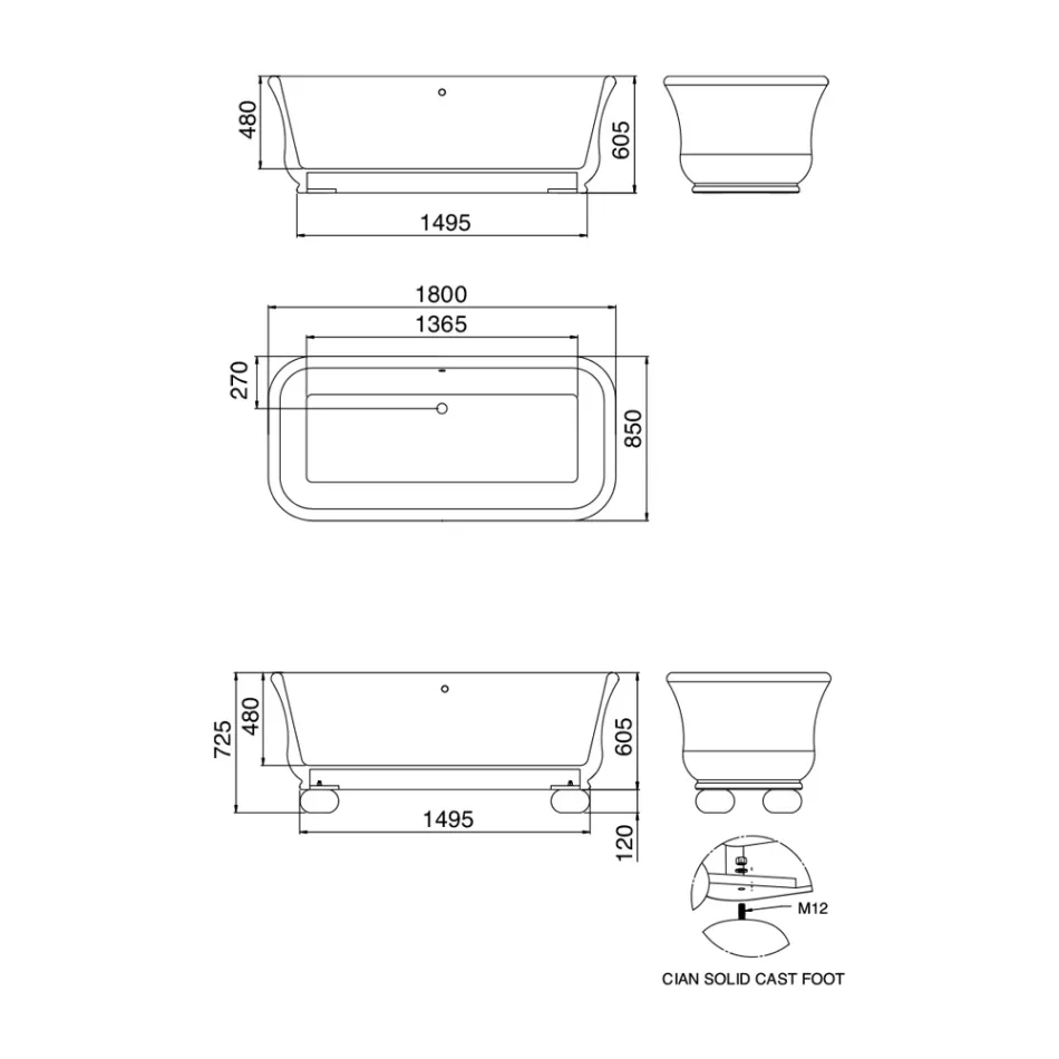 Obdélníková vana s pevným povrchem s měkkými rohy Made in Italy - Fulvio Viadurini