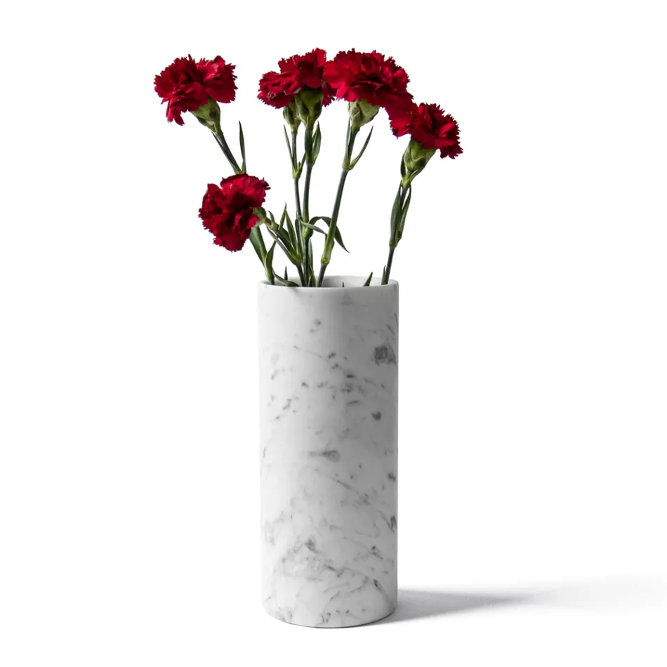 Válcová váza v italském designu Satin White Carrara Marble - Murillo Viadurini