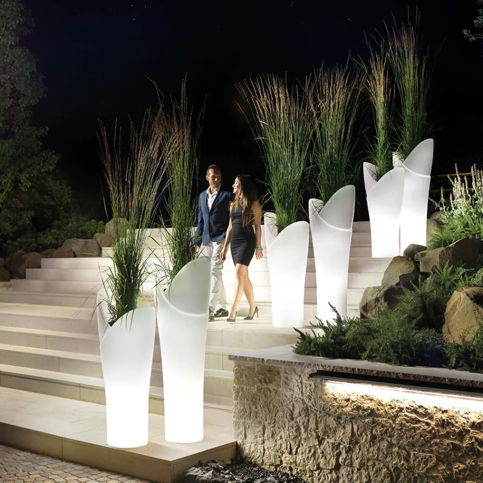 Svítící venkovní váza z bílého polyetylenu Made in Italy - Galileo Viadurini