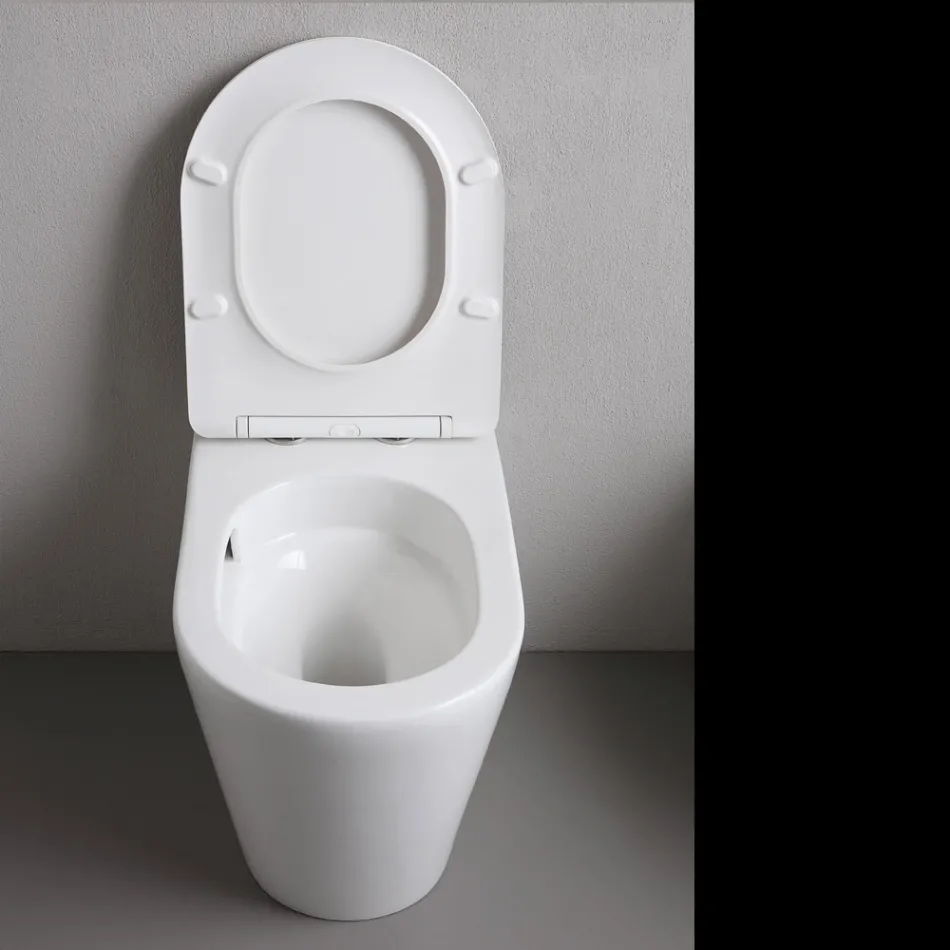 WC k zavěšení na podlahu s úzkým sedátkem s tlumeným dovíráním z bílé keramiky - Salice Viadurini