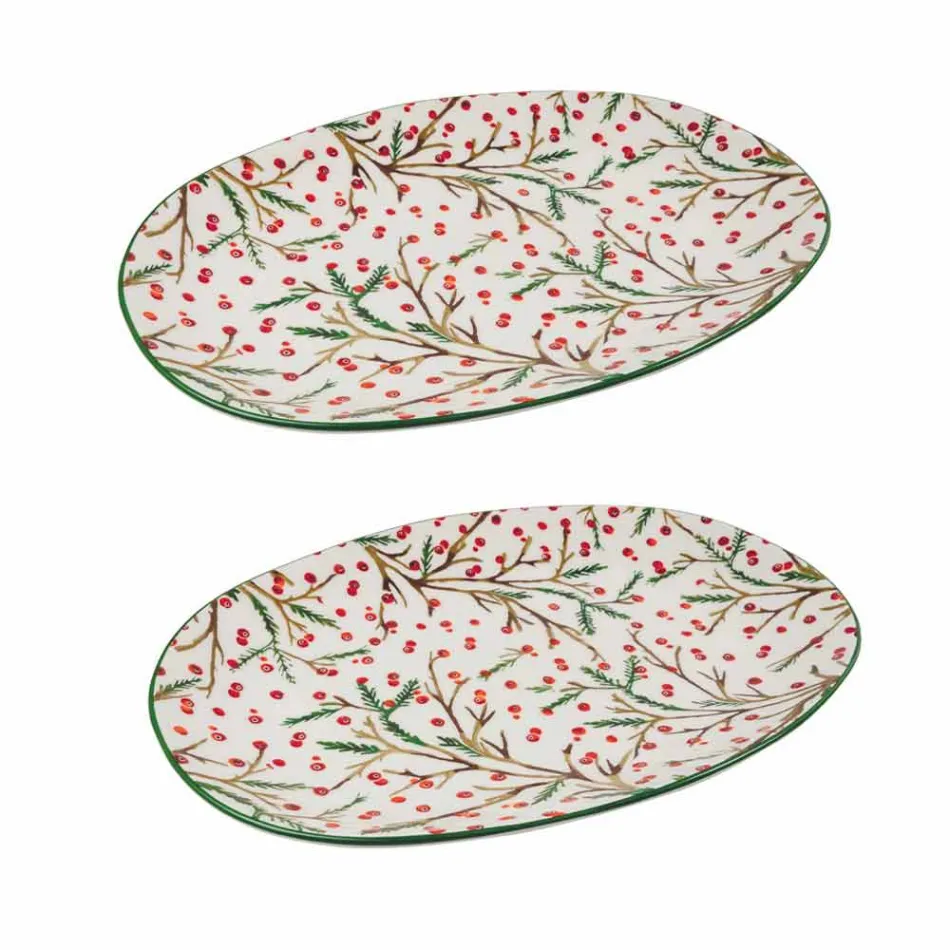 Vánoční podnos s oválným porcelánovým servírovacím talířem 2 kusy - řeznické koště Viadurini