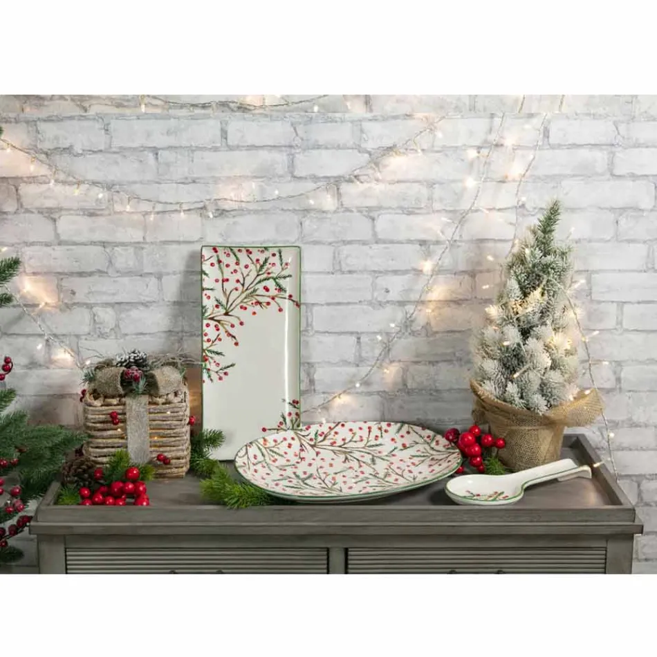 Vánoční podnos s oválným porcelánovým servírovacím talířem 2 kusy - řeznické koště Viadurini