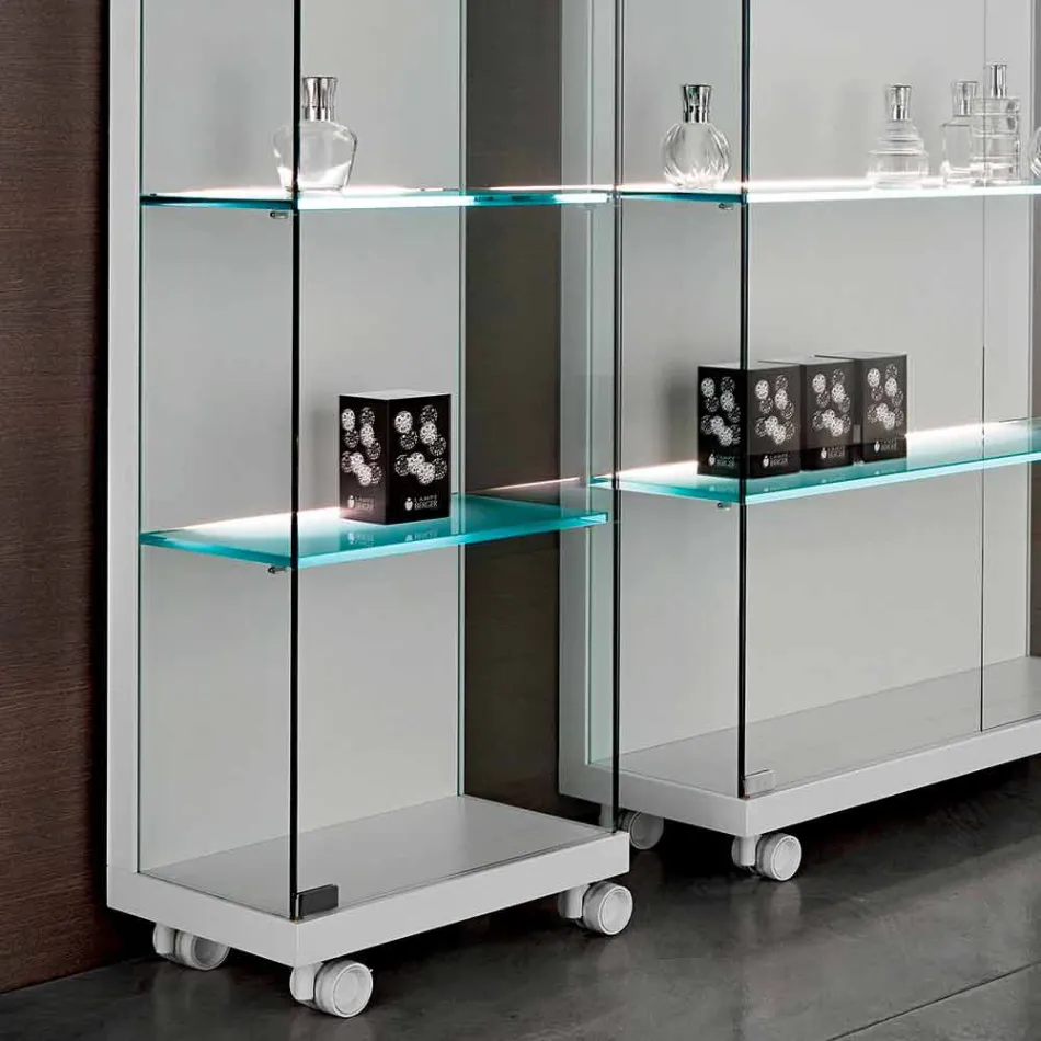 Nástěnná vitrína ze skla a bílého dřeva, koleček a osvětlených polic - Armilla Viadurini