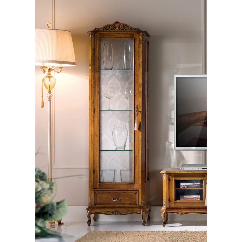 Klasická vitrína do obývacího pokoje z ořechového dřeva 1 dveře Made in Italy - Ronald Viadurini