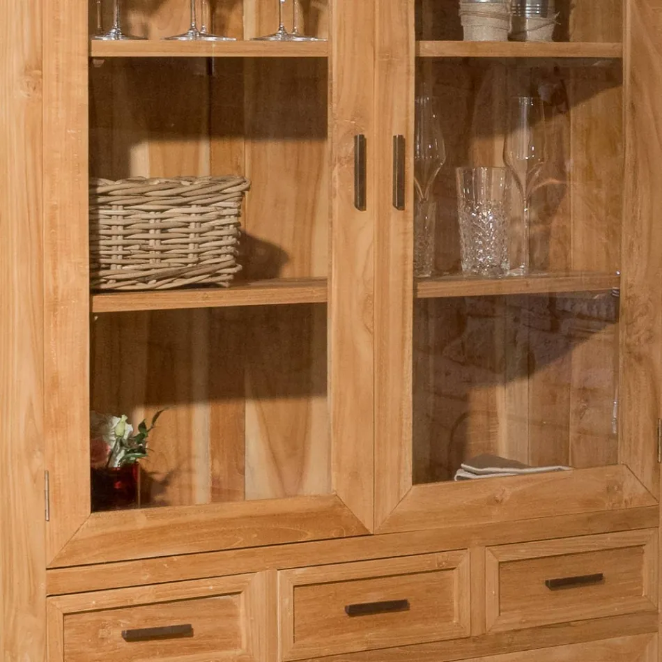 Vitrína do obývacího pokoje Sanda z masivního teakového dřeva se 4 dvířky a 3 zásuvkami Viadurini