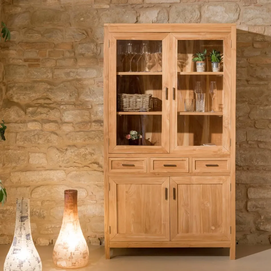 Vitrína do obývacího pokoje Sanda z masivního teakového dřeva se 4 dvířky a 3 zásuvkami Viadurini