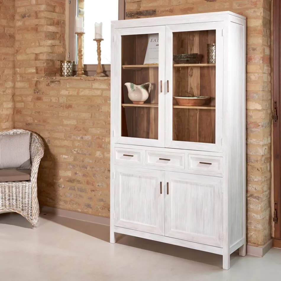 Vitrína do obývacího pokoje Sanda z masivního teakového dřeva se 4 dvířky a 3 zásuvkami Viadurini