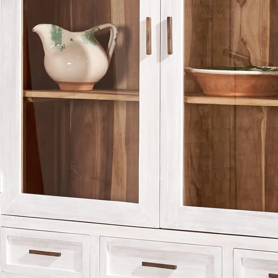 Vitrína do obývacího pokoje Sanda z masivního teakového dřeva se 4 dvířky a 3 zásuvkami Viadurini