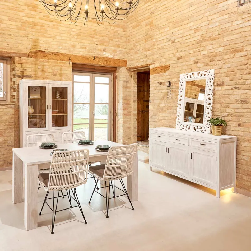 Vitrína do obývacího pokoje Sanda z masivního teakového dřeva se 4 dvířky a 3 zásuvkami Viadurini