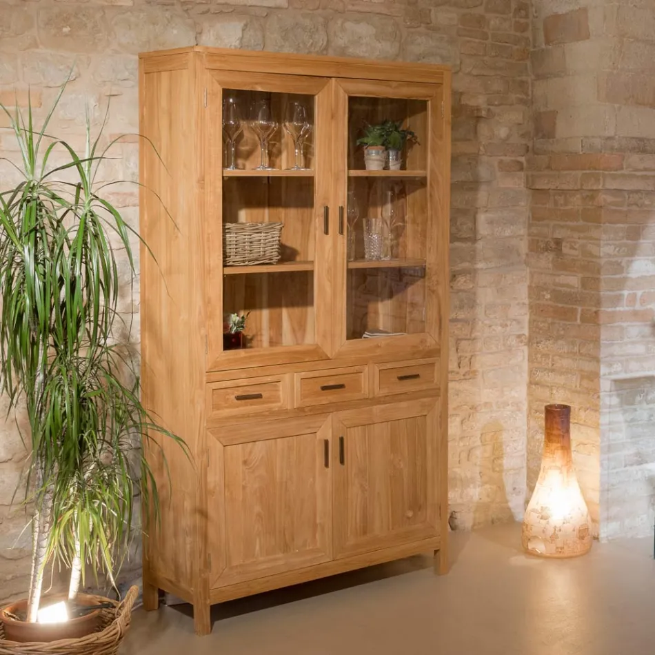 Vitrína do obývacího pokoje Sanda z masivního teakového dřeva se 4 dvířky a 3 zásuvkami Viadurini